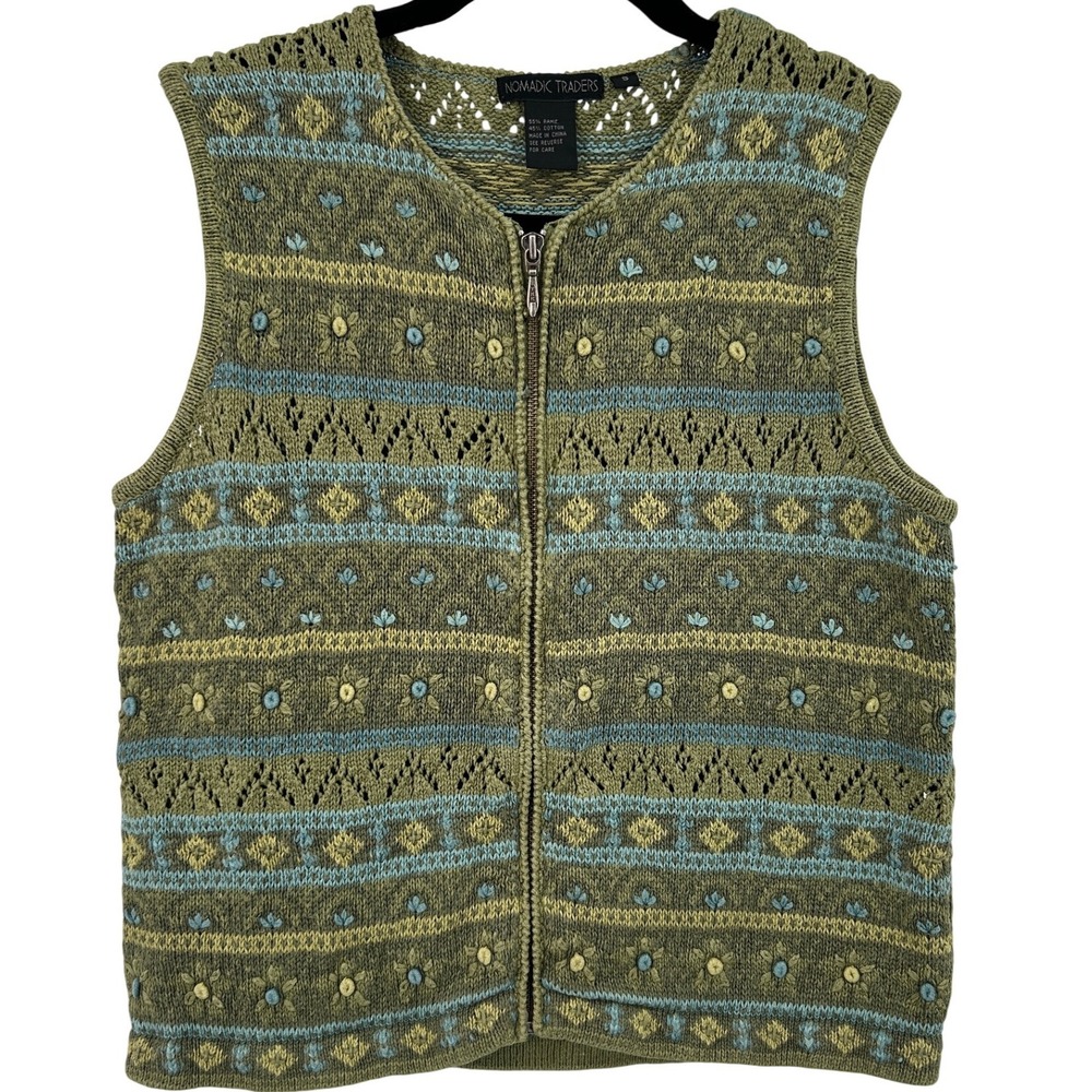 Nomadic Traders Womens Green Knit‎ Zip Sweater Vest Boho Cottagecore Sz Small